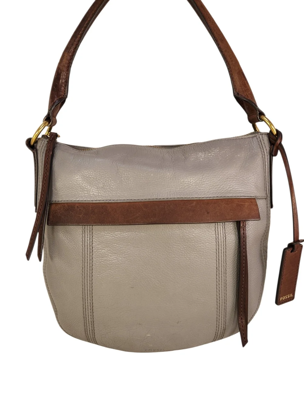 FOSSIL PEBBLED LEATHER GRAY BROWN HAND SHOULDER BAG PURSE EUC